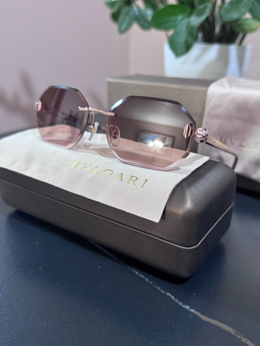 Bulgari Rose-Tint Octagonal Rimless Sunglasses - Picture 10 of 16